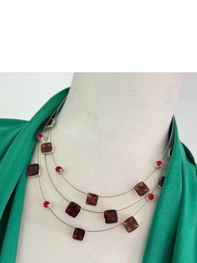 🇨🇦made necklace reversible w/red&brown glass in geo shapes  or other side silver